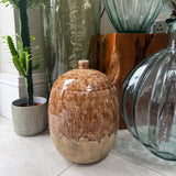 Two-tone Ceramic stoneware Vase with a glossy brown glazed upper half and a textured, matt beige lower half H28.5cm