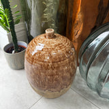 Two-tone Ceramic stoneware Vase with a glossy brown glazed upper half and a textured, matt beige lower half H28.5cm