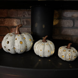 Off White distressed Pumpkin with a brown stalk and lots of holes for the LED light to come through&nbsp;

Available in 3 sizes: Small (11cm), Medium (10.4cm) &amp; Large (16.5cm)