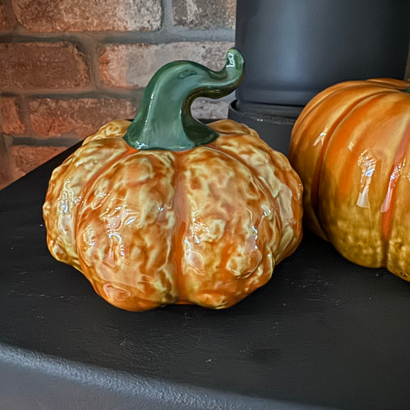Ceramic Wart Textured Orange Pumpkin Decoration with a twisted green stalk 11cm