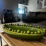 Olive Green Glazed Ceramic Oval Bowl 57x28cm with decorative small &amp; large raised spheres/bobble balls round the top rim&nbsp;