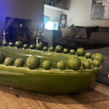 Olive Green Glazed Ceramic Oval Bowl 57x28cm with decorative small &amp; large raised spheres/bobble balls round the top rim&nbsp;