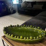 Olive Green Glazed Ceramic Oval Bowl 57x28cm with decorative small &amp; large raised spheres/bobble balls round the top rim&nbsp;