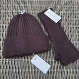 Ribbed knit beanie & fingerless gloves - Chocolate