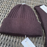 Ribbed knit beanie & fingerless gloves - Chocolate