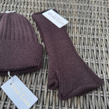 Ribbed knit beanie & fingerless gloves - Chocolate