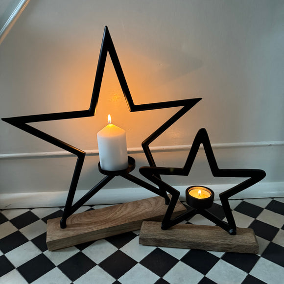 Black Star Candle Holder on Wooden Base -  2 sizes