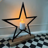 Black Star Candle Holder on Wooden Base -  2 sizes