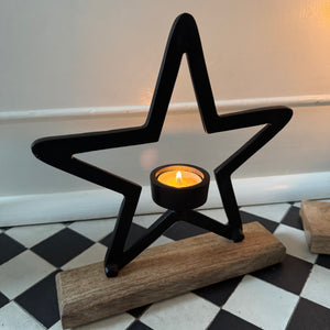 Black Star Candle Holder on Wooden Base -  2 sizes