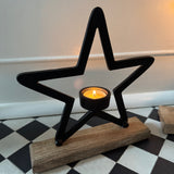 Black Star Candle Holder on Wooden Base -  2 sizes