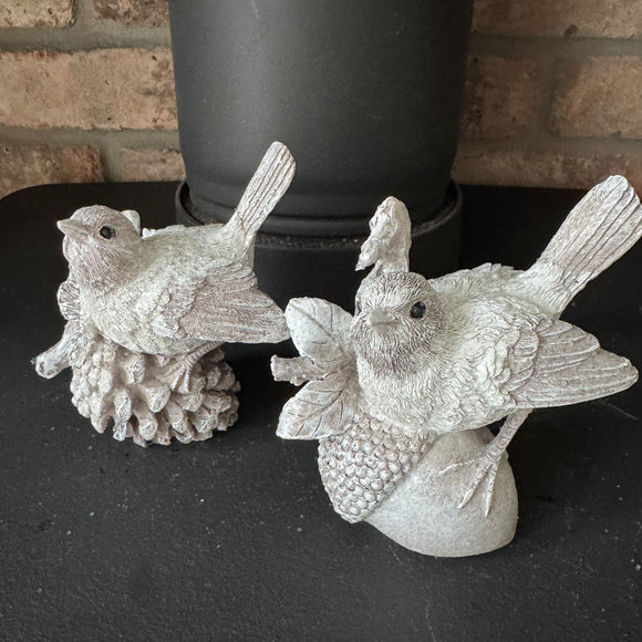 Ceramic intricate detailed sparkling Bird 10cm sat on either an Acorn or Pinecone