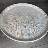 Whitewashed Neutral Round distressed Bamboo wooden tray with basket weave design, approx 39cm diameter