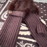 Faux Fur Knit Fingerless Button Gloves - Chocolate