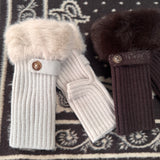Faux Fur Knit Fingerless Button Gloves - Chocolate