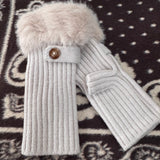 Faux Fur Knit Fingerless Button Gloves - Chocolate
