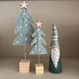 Small Sage Green Felt Tree with white dots &amp; wooden star on top with a slim gold rod and square Wooden Base
Available in 2 sizes: Small 21cm &amp; Large 28cm