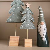 Small Sage Green Felt Tree with white dots &amp; wooden star on top with a slim gold rod and square Wooden Base
Available in 2 sizes: Small 21cm &amp; Large 28cm