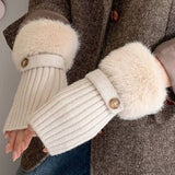 Faux Fur Knit Fingerless Button Gloves - Chocolate