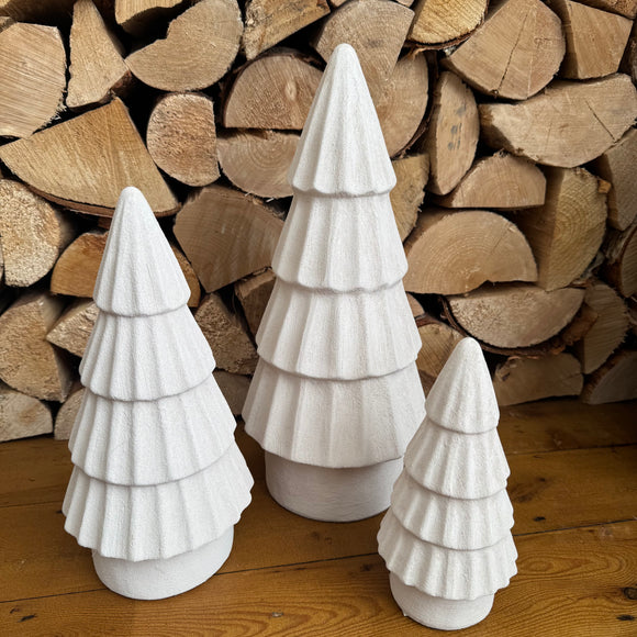 Rough Ceramic Tiered Tree with a little sparkle 
Colour - Winter White 
Available in 3 sizes; Small 20cm, Medium 28cm & Large 37.5cm 
