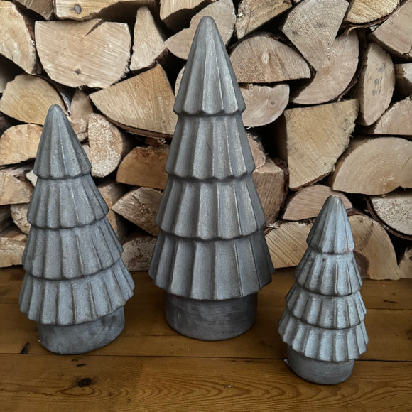 Rough Ceramic Tiered Tree with a little sparkle 
Colour - Grey / Taupe 
Available in 3 sizes; Small 20cm, Medium 28cm & Large 37.5cm 