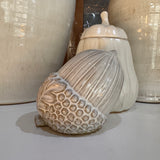 Off White Rustic textured Glazed ceramic Acorn laying on its side 9.5cm with intricate detail