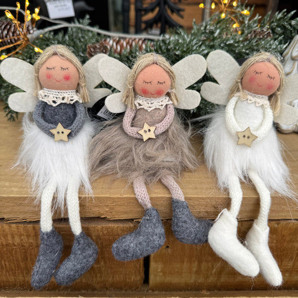 Charming Fabric Sitting Angels 15cm with fluffy skirt and angel wings & dangly legs
Available in 3 colours - White, Grey & Beige 