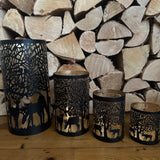 Black & Gold Metal Candle Holder with Reindeer Scene