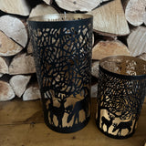 Black &amp; Gold Metal H30cm Candle Holder with Cut out Reindeer &amp; Woodland Scene&nbsp;