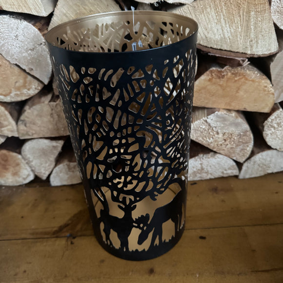 Black & Gold Metal H30cm Candle Holder with Cut out Reindeer & Woodland Scene 