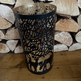 Black &amp; Gold Metal H30cm Candle Holder with Cut out Reindeer &amp; Woodland Scene&nbsp;