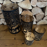 Black & Gold Metal Candle Holder with Reindeer Scene