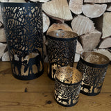 Black & Gold Metal Candle Holder with Reindeer Scene
