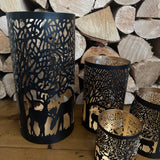 Black & Gold Metal Candle Holder with Reindeer Scene