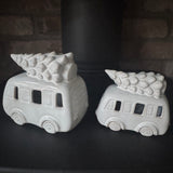 Neutral glazed Ceramic LED Campervan with christmas Tree on the roof
Available in 2 sizes: Small 11cm &amp; Large 14cm