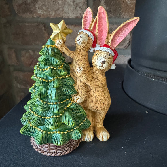 Christmas Ruth Rabbit Figure adoring the tree with a star on top with the help of little Bonnie Rabbit 14cm 