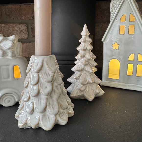Ceramic Glazed Neutral Tapered Christmas Tree Candle Holder H9cm