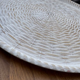 Whitewashed Neutral Round distressed Bamboo wooden tray with basket weave design, approx 39cm diameter