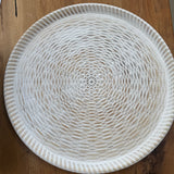 Whitewashed Neutral Round distressed Bamboo wooden tray with basket weave design, approx 39cm diameter