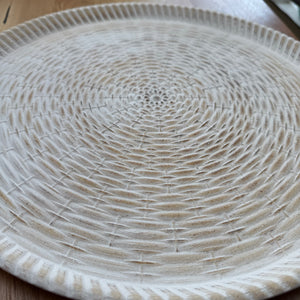 Whitewashed Neutral Round distressed Bamboo wooden tray with basket weave design, approx 39cm diameter