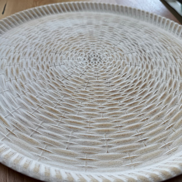 Whitewashed Neutral Round distressed Bamboo wooden tray with basket weave design, approx 39cm diameter