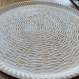 Whitewashed Neutral Round distressed Bamboo wooden tray with basket weave design, approx 39cm diameter