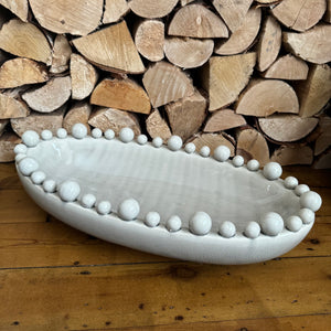 Cream / Beige Glazed Ceramic Oval Bowl 57x28cm with decorative small &amp; large bobble balls round the top rim&nbsp;