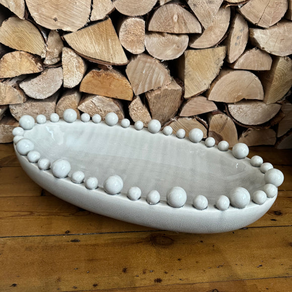 Cream / Beige Glazed Ceramic Oval Bowl 57x28cm with decorative small & large bobble balls round the top rim 