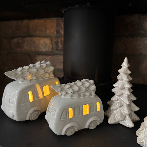 Neutral glazed Ceramic LED Campervan with christmas Tree on the roof
Available in 2 sizes: Small 11cm & Large 14cm