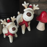Glazed Ceramic Neutral tones Reindeer wearing a Red Scarf &amp; Hat Available in 2 sizes - Small 10.5cm &amp; Large 14cm&nbsp;