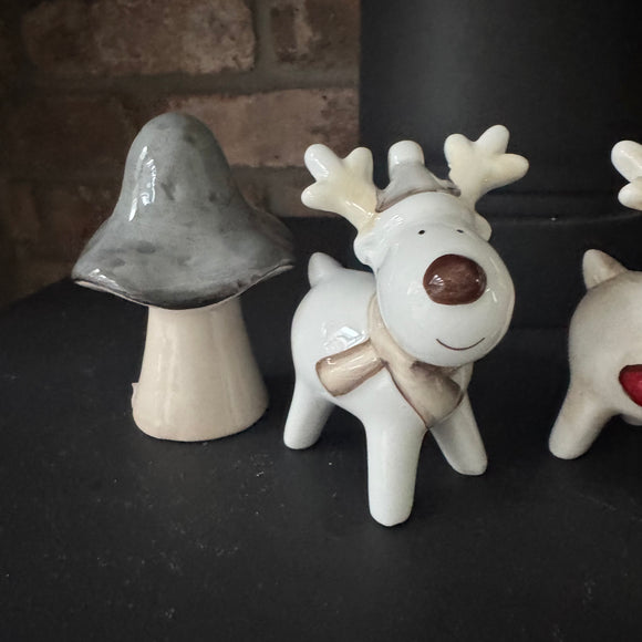 White Ceramic Reindeer with Grey Hat - 2 sizes