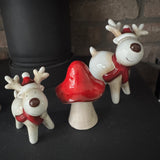 Glazed Ceramic Neutral tones Reindeer wearing a Red Scarf &amp; Hat Available in 2 sizes - Small 10.5cm &amp; Large 14cm&nbsp;