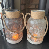Christmas Grey frosted glass hurricane with snowy scene
