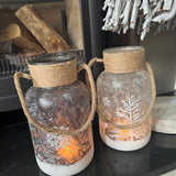 Christmas Grey frosted glass hurricane with snowy scene