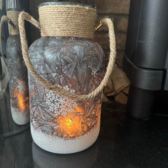 Christmas Grey frosted glass hurricane with snowy scene